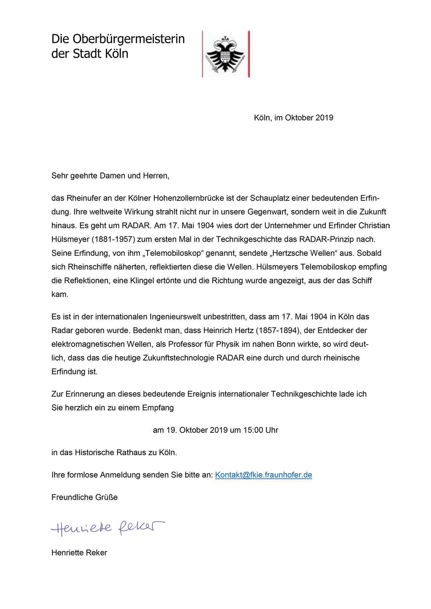 Official invitation of the Lord Mayor of the City of Cologne